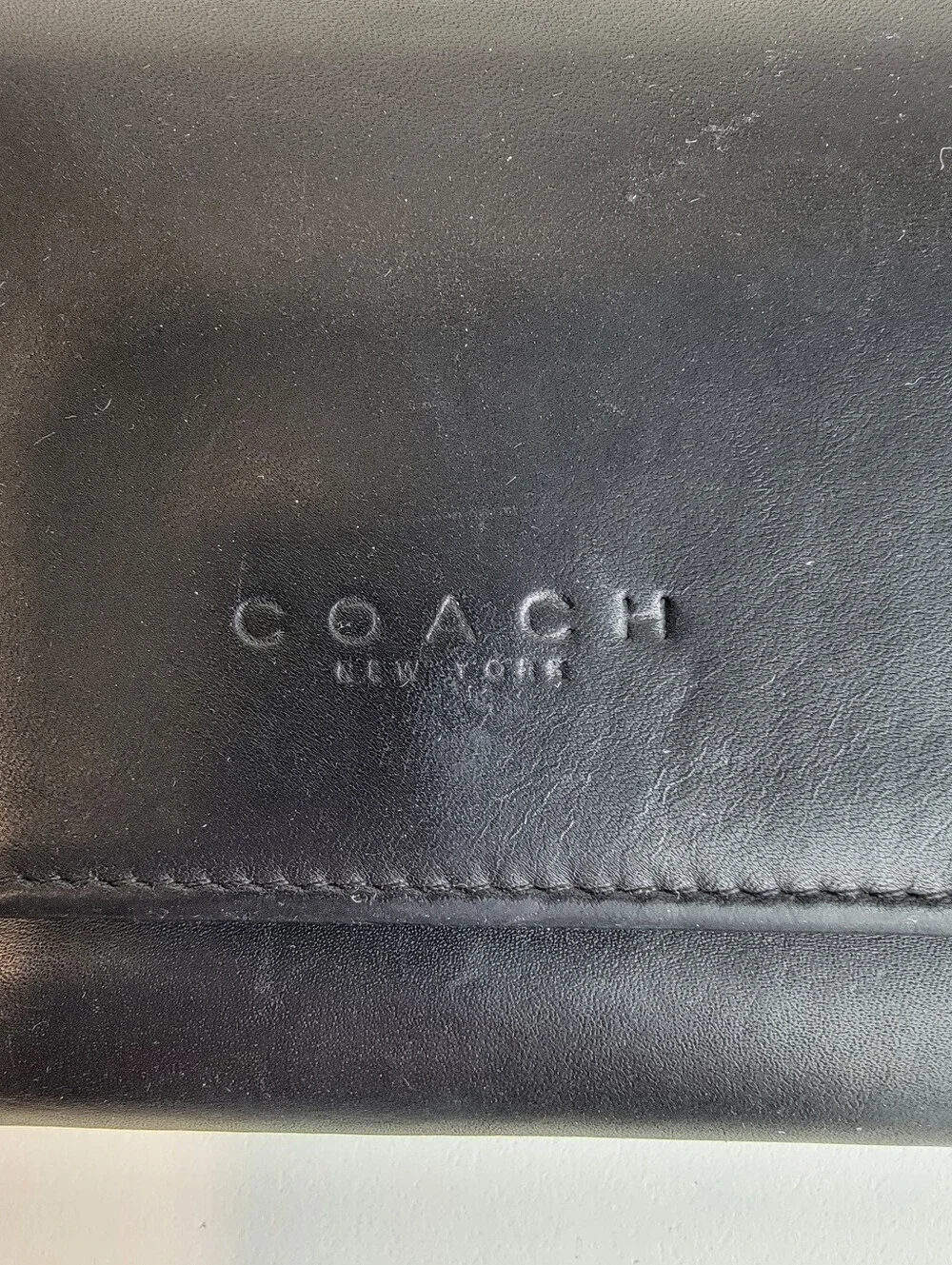 Vtg. Coach New York Trifold Checkbook Wallet Black Glove Leather Stamped Logo